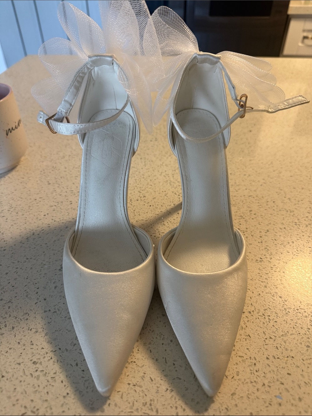 Women's Ivory Satin Pointed-Toe Ankle-Strap Heels with Tulle Accent
